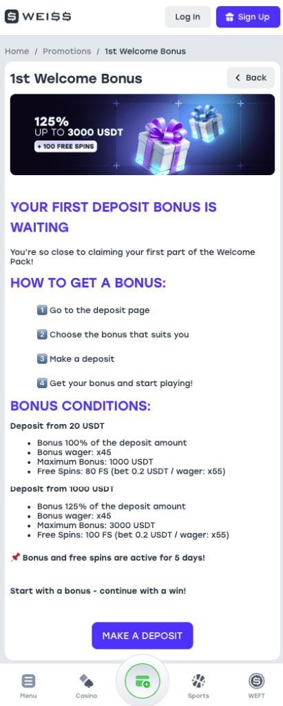 Mobile screenshot of Weiss Casino’s 1st Welcome Bonus page showing 125% up to 3000 USDT + 100 Free Spins and detailed instructions for claiming the bonus.