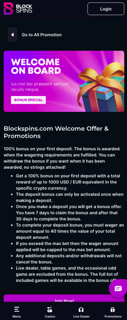 Blockspins crypto casino welcome bonus terms and conditions screenshot with 100% deposit match up to $1,000 shown