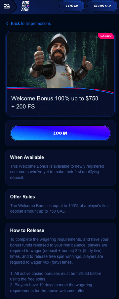 Screenshot of Boomerang Bet welcome bonus offer showing 100% up to $750 + 200 free spins for casino and 100% up to $150 for sports betting.