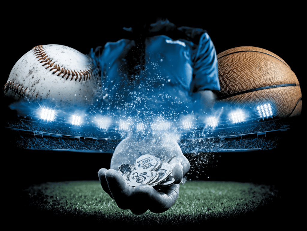 A dramatic sports betting concept showing a baseball and basketball under stadium lights, with a referee-like figure holding glowing casino chips in a spotlight effect.