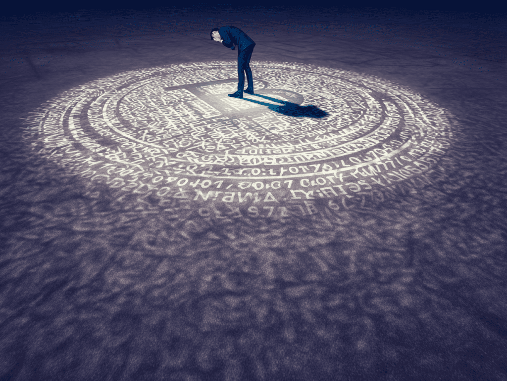 A person examines a glowing Bitcoin symbol made of code, illustrating the difficulty of understanding crypto bonus terms.