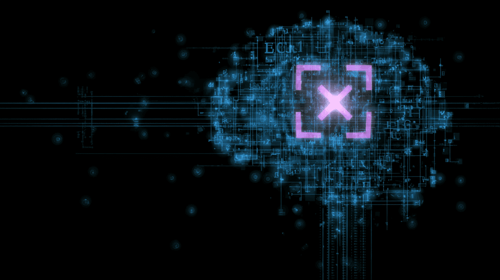 A glowing brain made of code and circuits with a pink error symbol, representing AI analysis detecting flawed crypto bonus structures.