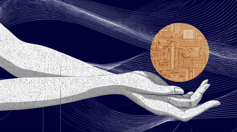 Stylized digital illustration of a hand reaching toward a gold crypto coin, representing cautious participation in crypto gambling.