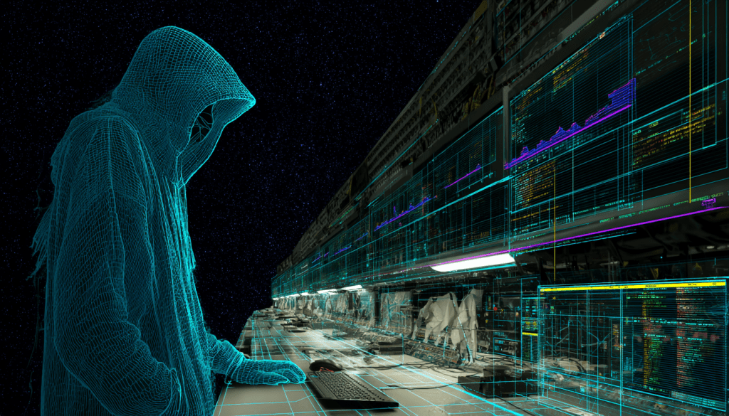 Cyberpunk-style digital illustration of a hooded hacker made of glowing wireframe lines, working at a futuristic terminal with floating holographic screens and data overlays in a dark, starry environment.