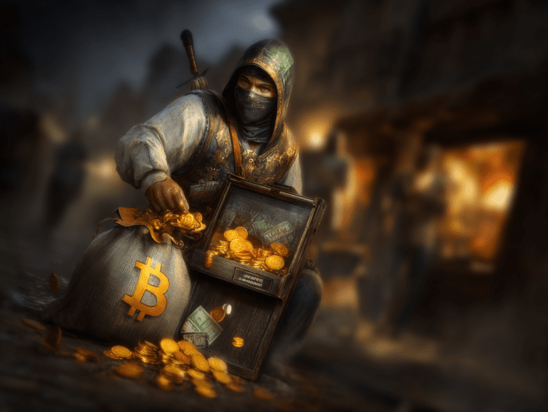 Editorial illustration of a masked crypto gambler in a hood, holding a chest of gold coins and cash with a large Bitcoin bag at his side, symbolizing the risks of online crypto gambling.