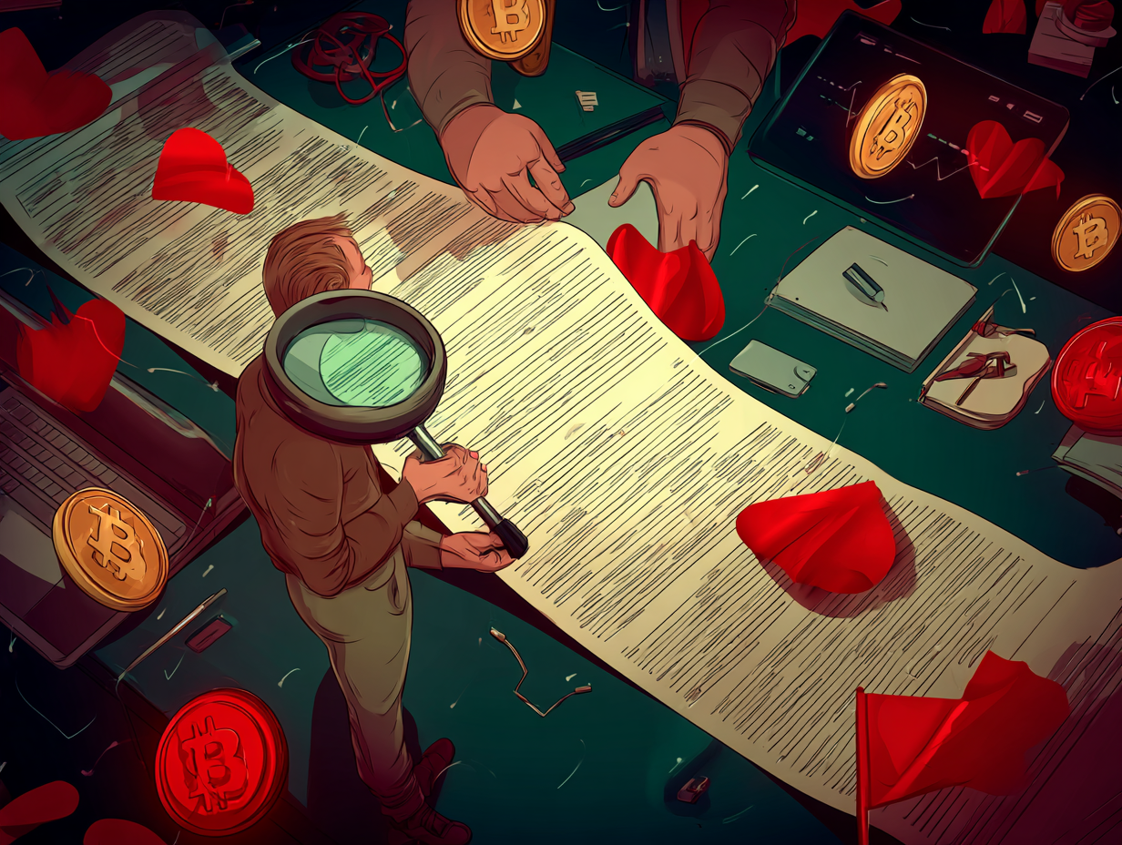 Editorial illustration of a person examining a long scroll of casino bonus terms with a magnifying glass, surrounded by floating red flags and Bitcoin coins, symbolizing the detection of hidden traps in crypto casino promotions.