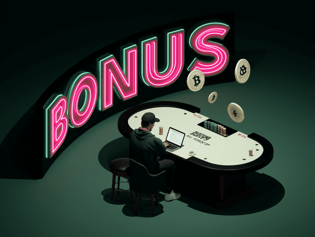 Editorial illustration of a lone crypto gambler sitting at a poker table with a laptop, under a large neon ‘BONUS’ sign, while Bitcoin and other cryptocurrency coins float in the air, symbolizing online casino promotions and hidden terms.