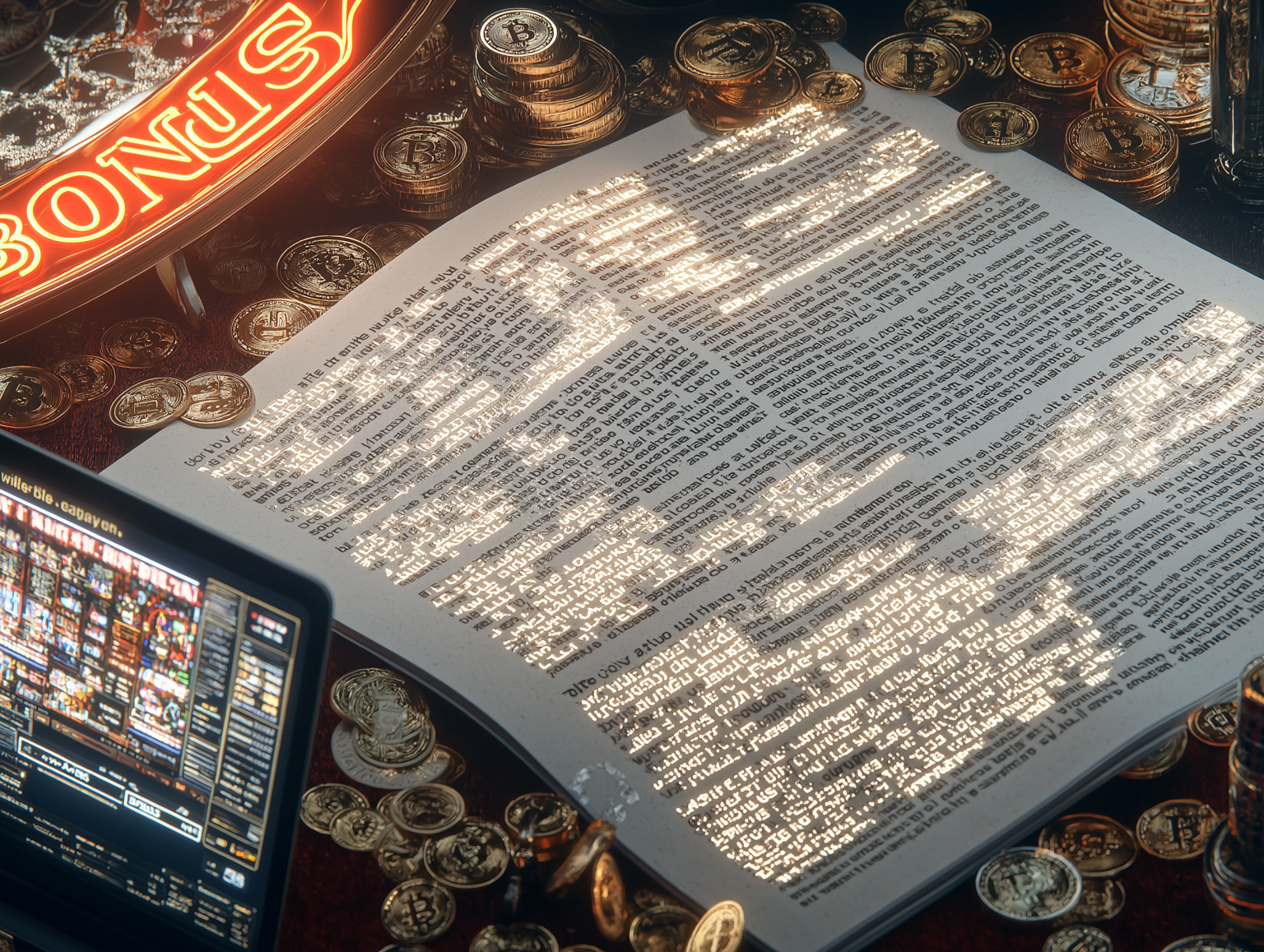 Ultra-detailed illustration of casino bonus fine print on a contract page surrounded by stacks of Bitcoin and cryptocurrency coins, a glowing neon ‘BONUS’ sign partially visible, and a laptop displaying an online slot game, symbolizing hidden terms in crypto casino promotions.