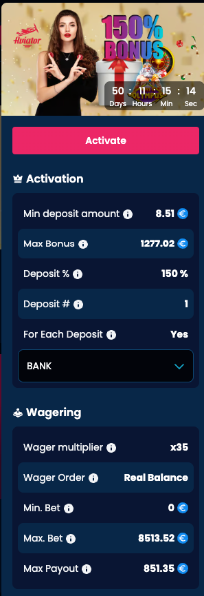 Del Oro Casino 150% welcome bonus promo screenshot showing bonus details, minimum deposit, and wagering terms