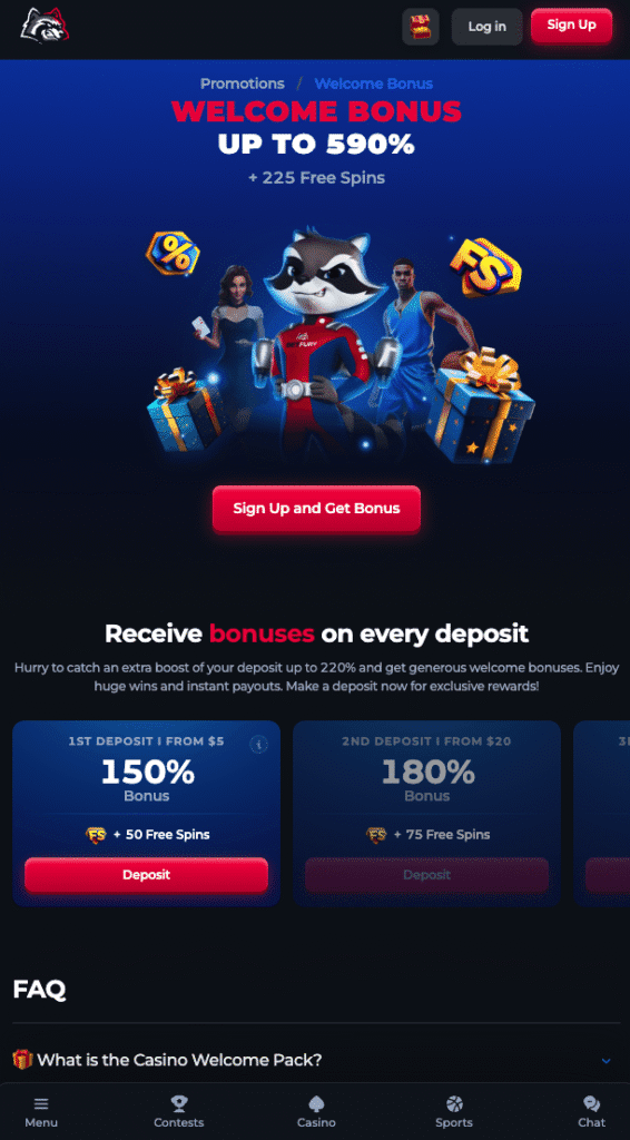 BetFury casino welcome bonus screenshot showing up to 590% bonus plus 225 free spins offer for new crypto players