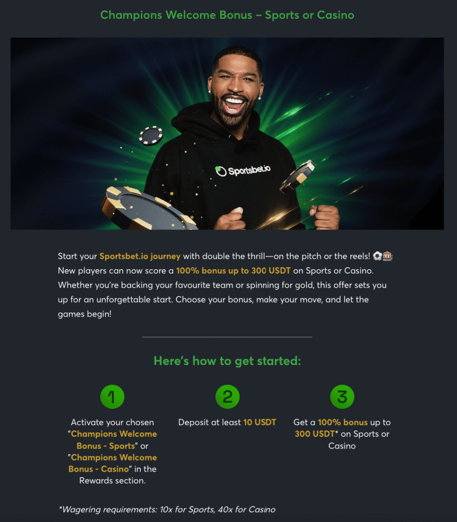 Mobile screenshot of Sportsbet.io's Sports and Casino bonus, captured on an iPhone in October 2025.