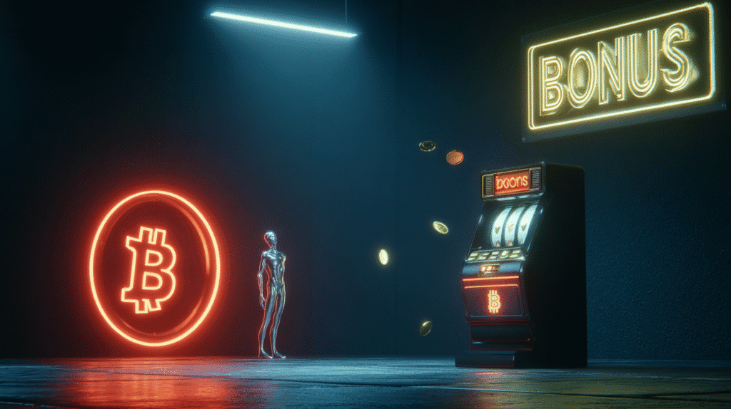A futuristic crypto casino scene with a glowing Bitcoin logo, a slot machine paying out coins, neon bonus sign, and a metallic humanoid figure — symbolizing modern crypto gambling and cashback promotions.