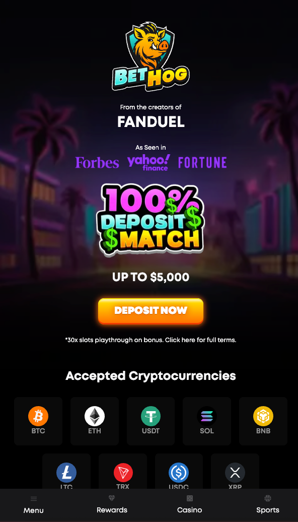 Screenshot of BetHog Casino’s 100% up to $5,000 welcome bonus banner with crypto deposit match offer.