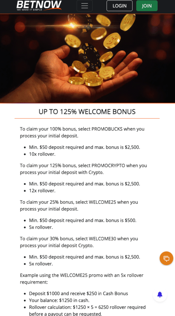 Mobile screenshot of Betnow's bonus page showcase the bonuses including the 125% crypto bonus.