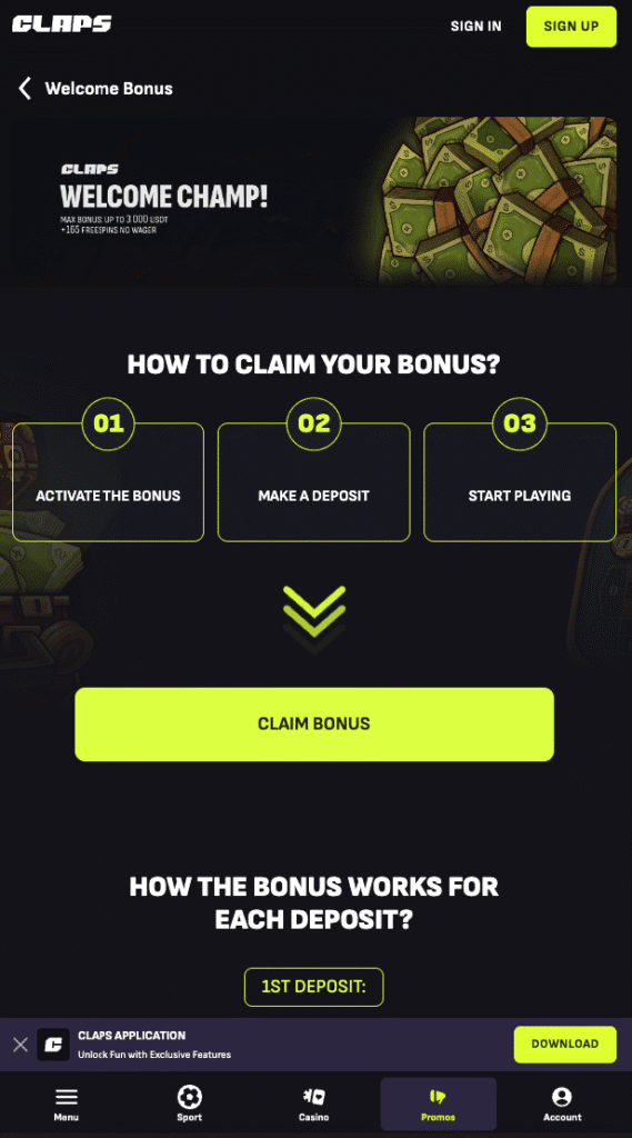 Screenshot of Claps Casino welcome bonus banner offering up to 3,000 USDT and 165 no-wager Free Spins