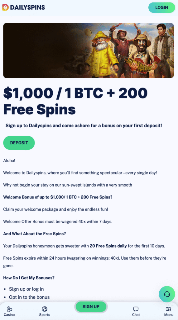 Dailyspins screenshot of the welcome offer. The screenshot was captured on an iPhone in OCtober 2025.