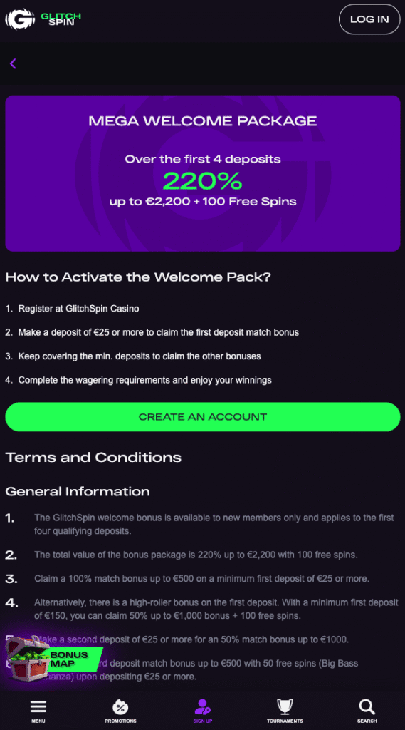 Glitchspin's mega welcome package, screenshot snapped on an iPhone in 2025 October.