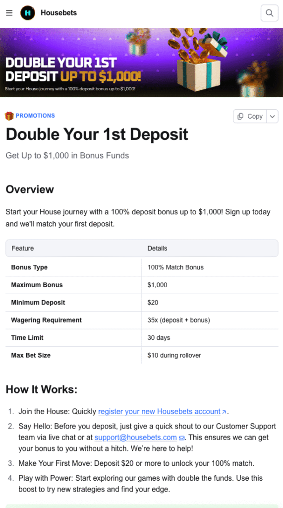 Screenshot of Housebets’ 100% deposit bonus up to $1,000 with 35x wagering and $20 minimum deposit.