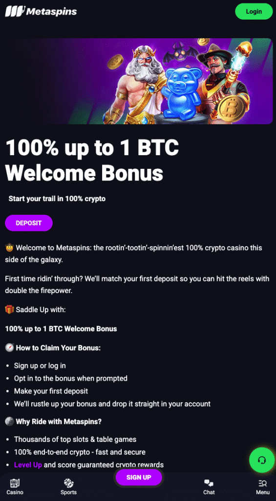 Mobile screenshot of Metaspins's welcome bonus showcasing the 100% bonus up to 1 BTC. The image was captured on an iPhone in October 2025.