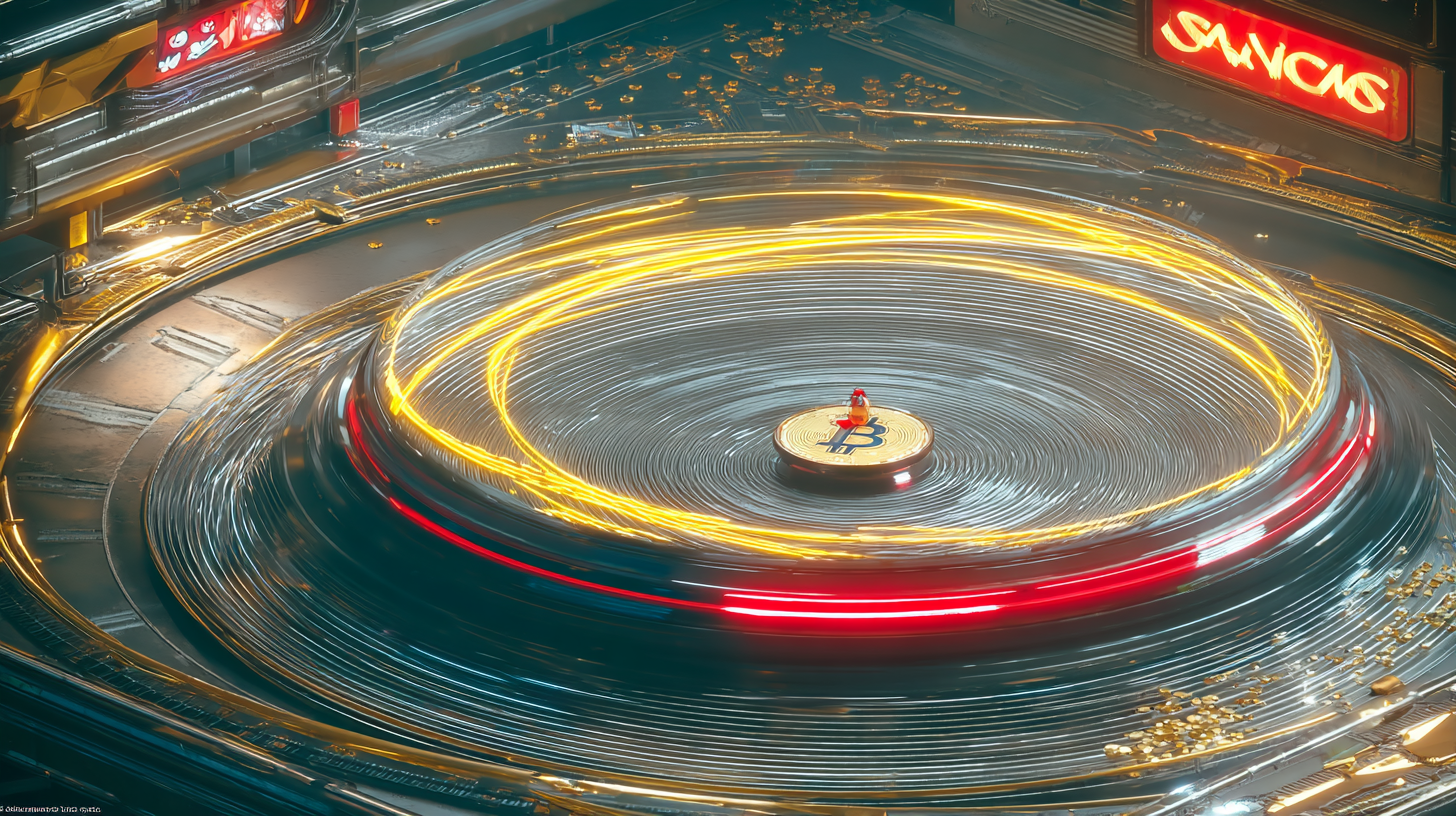 A surreal digital casino scene featuring a glowing Bitcoin coin spinning in an endless circular loop of golden light, symbolizing infinite wagering cycles in crypto gambling.