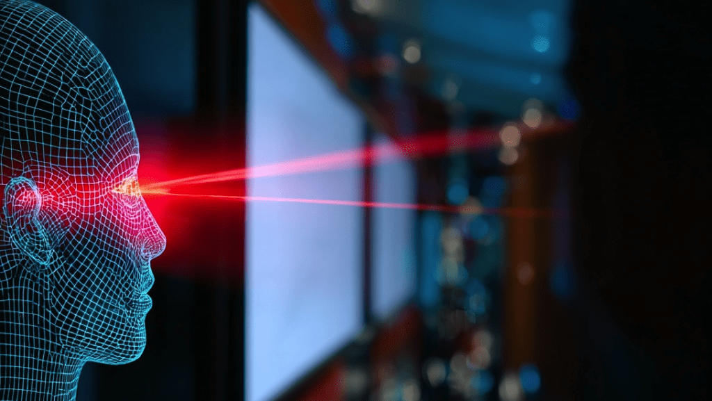 A wireframe head projecting red beams, representing a casino risk engine scanning player data.