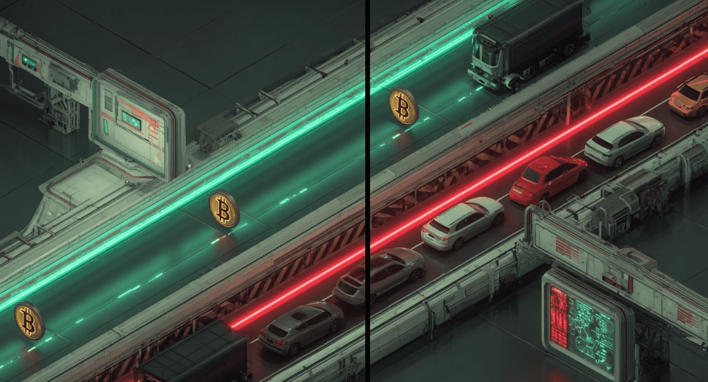 A fast green lane of Bitcoin symbols beside a gridlocked red lane, showing automated versus manual withdrawal queues.