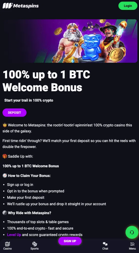 Metaspins welcome bonus page showing 100% up to 1 BTC, on mobile