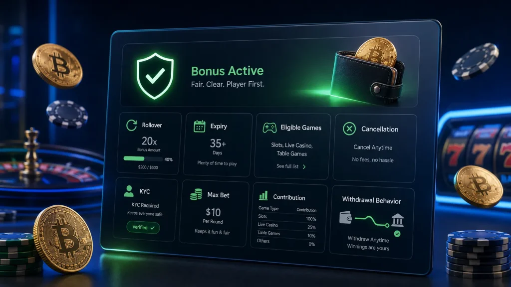 Crypto casino bonus dashboard showing a transparent player-friendly offer with clear rollover, expiry, eligible games, cancellation, KYC, max bet, contribution, and withdrawal behavior panels.