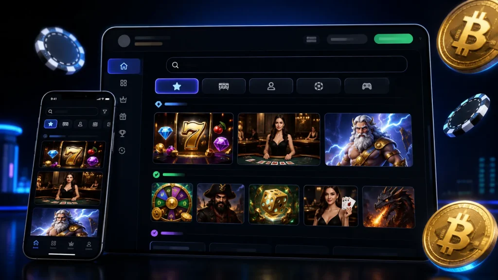 Crypto casino lobby displayed on desktop and mobile with search, filters, game categories, slots, live casino, favourites, and Bitcoin coins, showing what a strong casino game lobby should include.